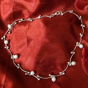 Silver Tone And Faux Pearl Choker Necklace